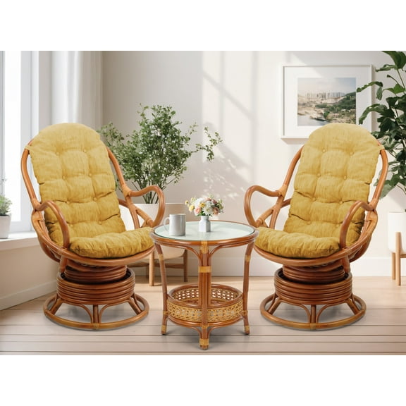 Java Swivel Rocking Chair Natural Handmade Rattan Wicker Set: 2 Lounge Arm Chairs with Light Brown Cushions and Coffee Table, Colonial Color