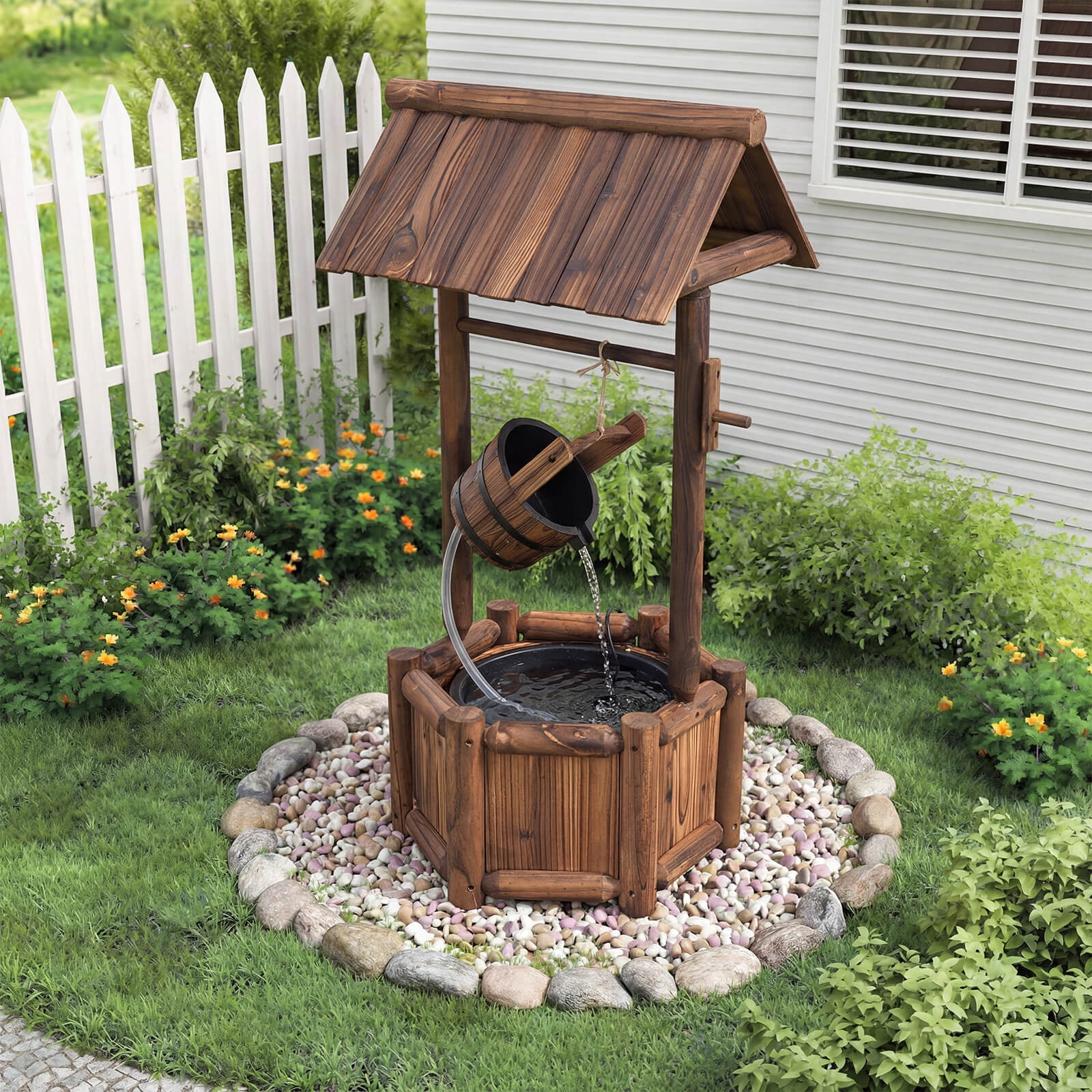 Costway Garden Rustic Wishing Well Water Fountain Wooden Outdoor Electric Backyard Pump