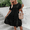 Black, variant on MORTTIC Women's Solid Color Round Neck Short Sleeve Dress with Hollow-out Splice Design Summer Midi Dress Black，L