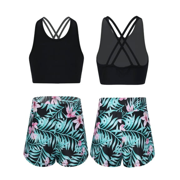 Alvivi 2Pcs Girls Printed Swimsuit Sport Suit Criss Cross Back Tank Top with Booty Shorts Bathing Suit 4-16 Black&Green 6
