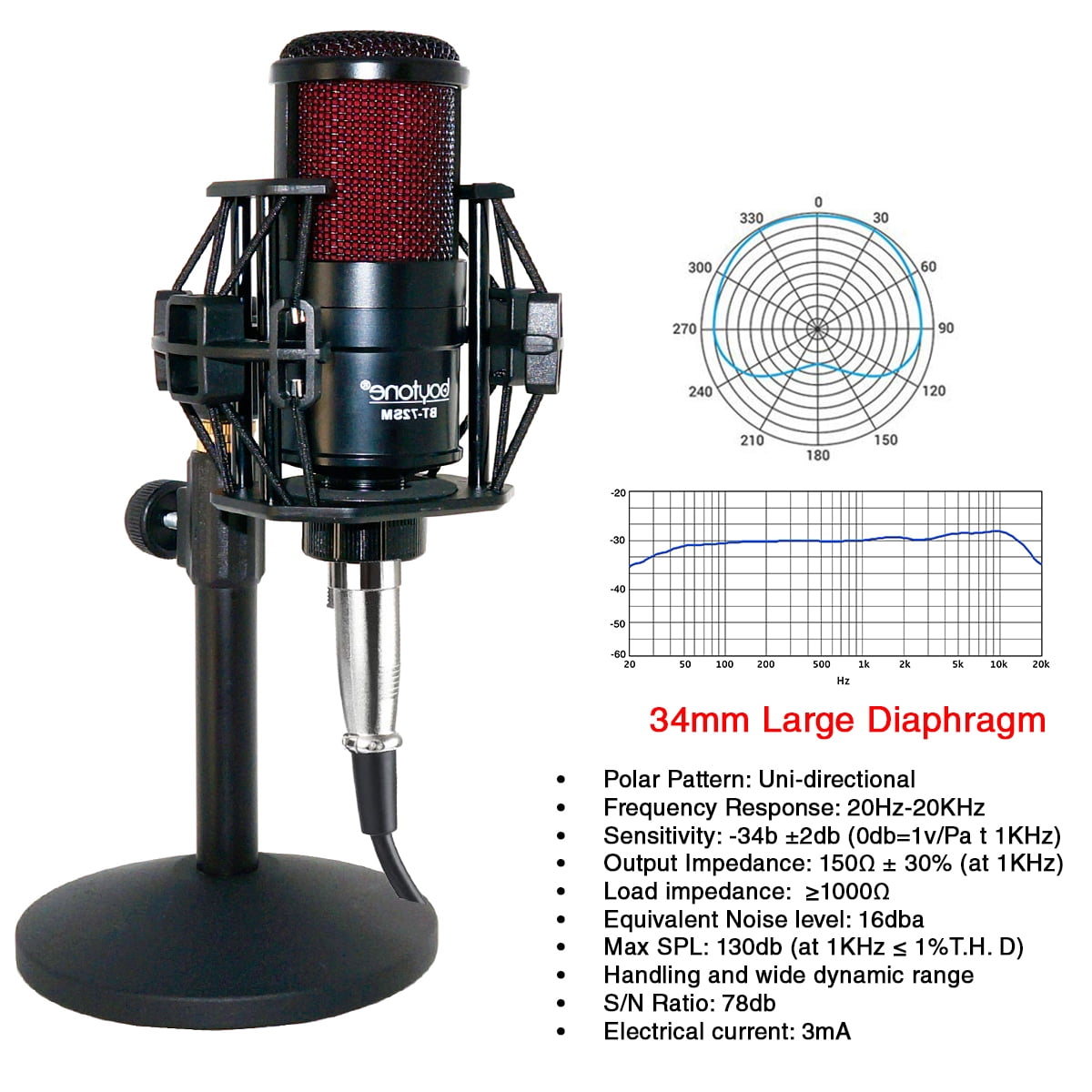 Boytone BT-72SM Professional Cardioid Condenser Studio Microphone, 34mm Large Diaphragm with Metal and Shock Mount, XLR Cable Aluminum carrying case