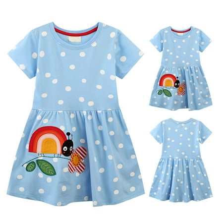 

PEASKJP Lavender Dress for Girls Toddler Girls Short Sleeve Princess Boho Ruffled Vintage Printed Sundress Light Blue 7 Years