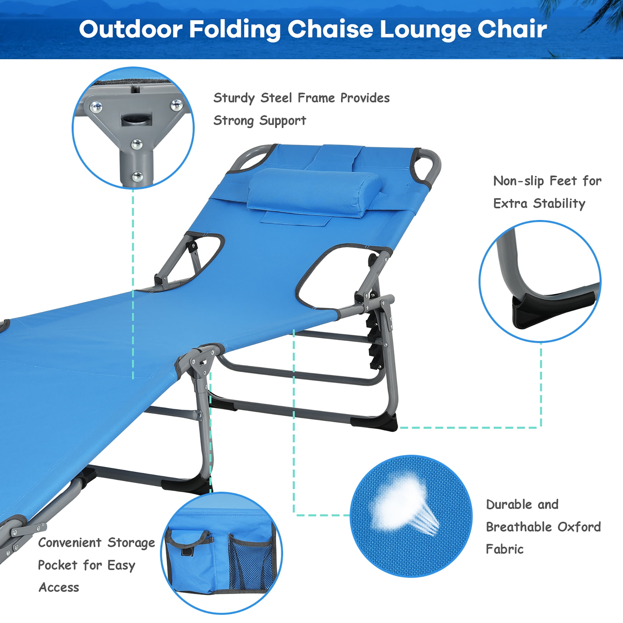 Goplus Outdoor Beach Lounge Chair Folding Chaise Lounge with