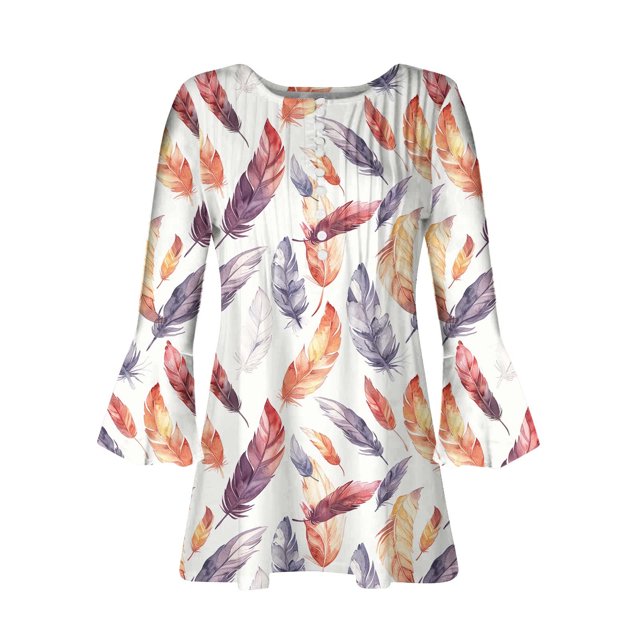 Blusa informal con botones estampados y plisados de plástico para mujer, manga 3/4, manga corta y cuello de cuerno.