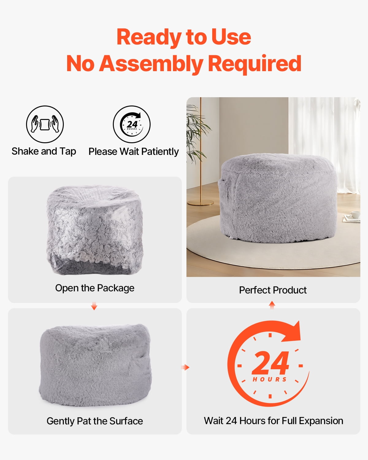 VEVOR Bean Bag Bed Chair, Convertible Chair from BeanBag to Lounge or Mattress, Gaint Bean Bag Chair Bed with Washable Cover for Adults, Fluffy Plush, Foam Filling and Side Pocket, Grey(Full Size)