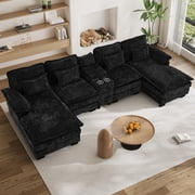 Wiilayok 133" U Shaped Cloud Couch Modular Sectional Couches for Living Room Fluffy Chenille Deep Seat Sofa Set with Double Chaise Lounge, Storage Central Console, Cup Holders, USB Port, Black