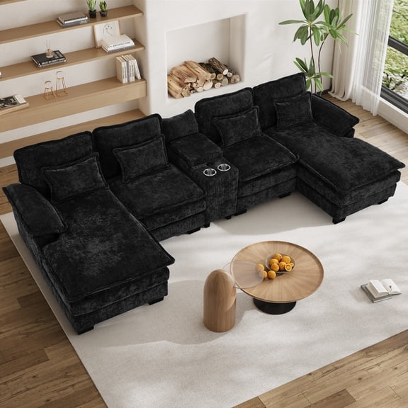 Wiilayok 133" U Shaped Cloud Couch Modular Sectional Couches for Living Room Fluffy Chenille Deep Seat Sofa Set with Double Chaise Lounge, Storage Central Console, Cup Holders, USB Port, Black