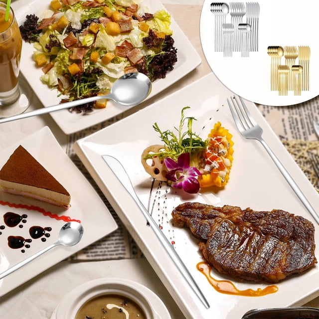 Juego de cubiertos de acero inoxidable de 1 pieza, 24 x 2,5 x 11,5 cm, diseño ergonómico del mango para una mayor comodidad al comer, ideal para las comidas familiares diarias (dorado).