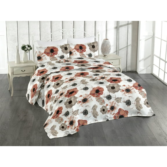 Ambesonne Springtime Quilted Bedspread Set 3 Pcs, Watercolor Style Flowers, King, Pale Maroon Taupe Grey