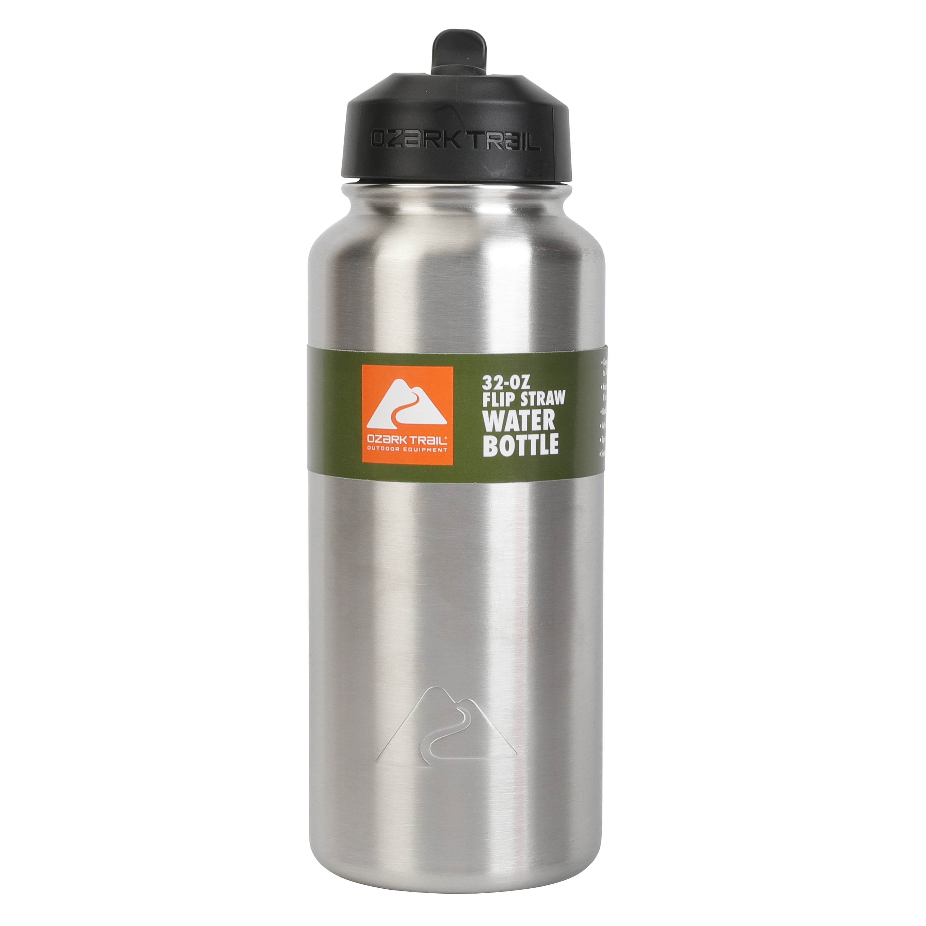 (3 pack) Ozark Trail 32 oz Insulated Stainless Steel Wide Mouth Water Bottle, Silver, Flip Lid with Loop Handle