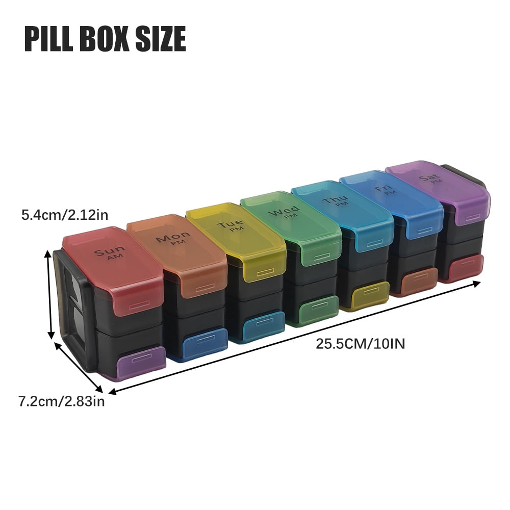 AuraQen 7-Day Weekly Pill Organizer - Food Grade PC Medication Box with 14 Color-Coded Compartments (40x60 Inches) - Independent Lids for AM/PM Dosing