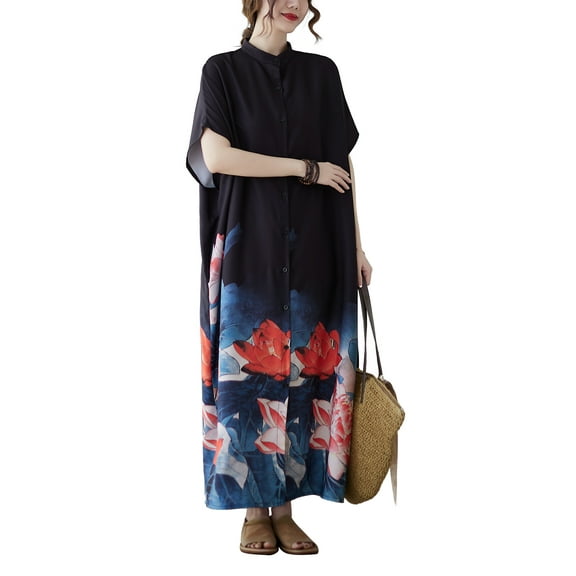 Women Loose Casual Print Simple Button Short Sleeve Maxi Summer Dress GA2599 Black