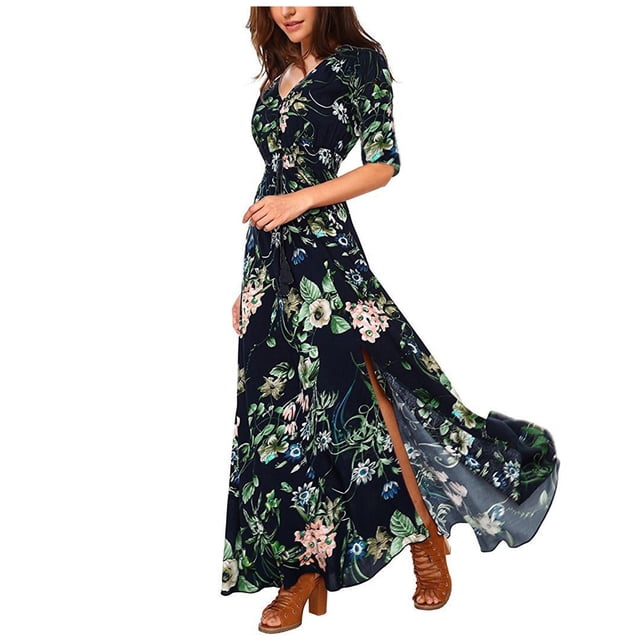 Robes d'Été pour Femmes 2022 Boho Robe d'Été Femme Boutonnée Fendue Florale Coton à Franges Fluide Fête Maxi Longue Robe