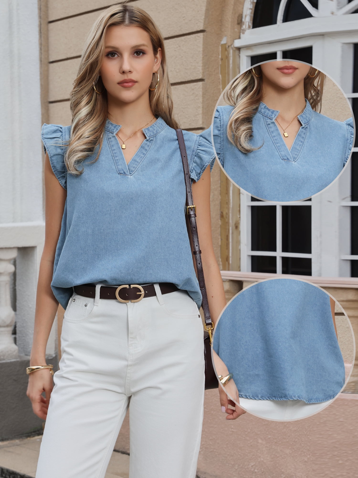 DARING DIVA Women's Denim V Neck Ruffled Cap Sleeve Jean Casual Blouse S Light Blue