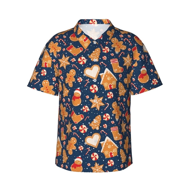 Fotbe Gingerbread Delights Camisa Hawaiana para Hombre Unisex – Camisa Casual de Verano con Botones de Manga Corta de Algodón y Lino,Small
