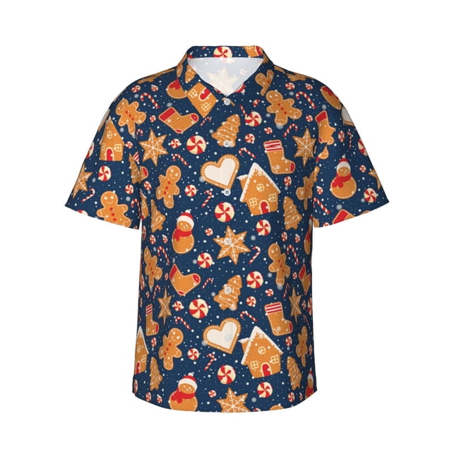 Fotbe Gingerbread Delights Camisa Hawaiana para Hombre Unisex – Camisa Casual de Verano con Botones de Manga Corta de Algodón y Lino,X-Large