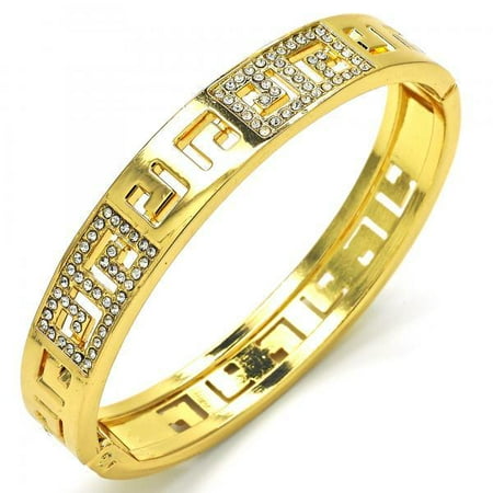 Greek Key Rim - Greek Key Gold Plated Women Latch Bangle with Multi White Crystals, By Folks Jewelry