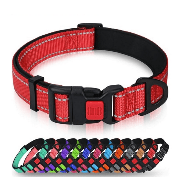 Reflective Dog Collar with Safety Locking Buckle, Adjustable Nylon Pet Collars for Medium Dogs Female Male, Red, M