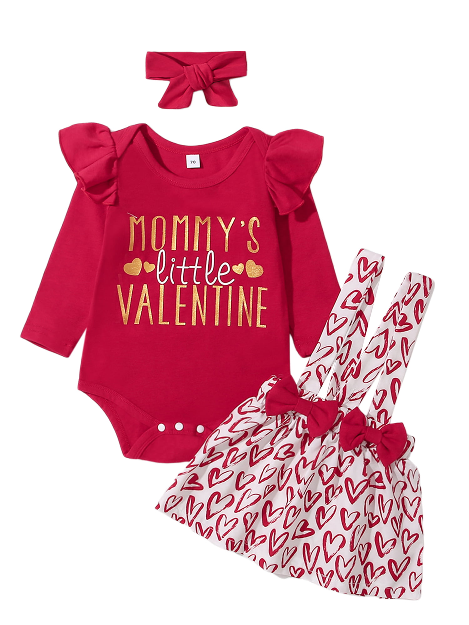 Valentine's Day Love Mom Heart Romper Dress Headband Clothes Set for Baby Girls 