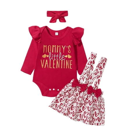 

Sunisery 3Pcs Valentine s Day Infant Baby Girls Outfits Letter Print Romper+Heart Print Suspenders Skirt+Headband Red 3-6 Months