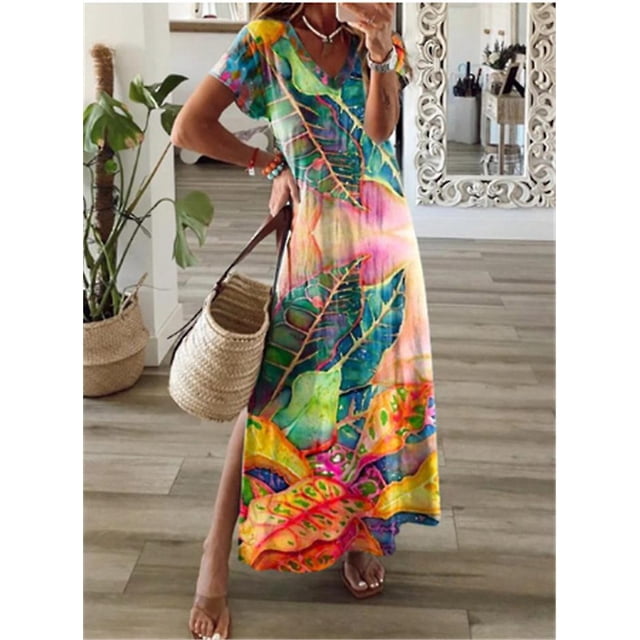 Vestido de fiesta largo con estampado Vintage de manga corta informal de verano para mujer 2022, ropa de descanso con cuello en V, vestido de mujer dividido, ropa de calle LingWen 9024735516781