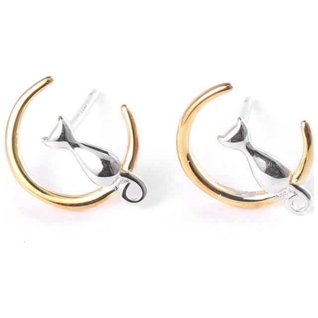 Pendientes de hoja de luna de plata esterlina para mujeres, pendientes de gatito lindo, regalos para gatos, joyas para gatos