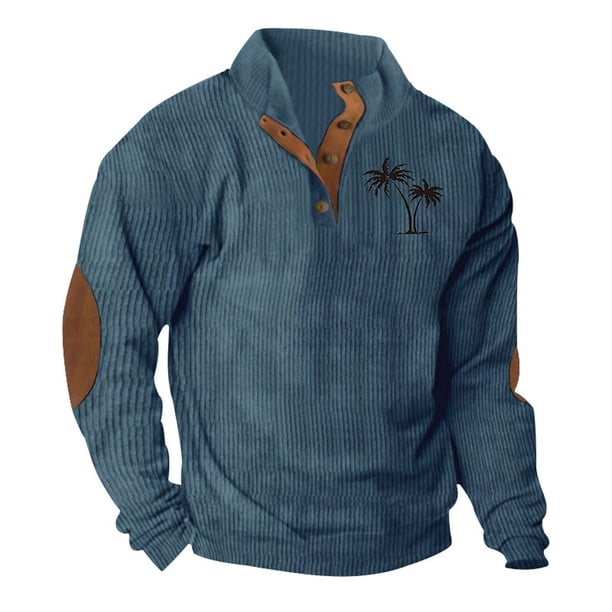 Blusa y camisa de manga larga con cuello alto para hombre, estilo casual, con estampado de palmeras color cacao, deportiva, con cuello alto, botones y patchwork, de poliéster.