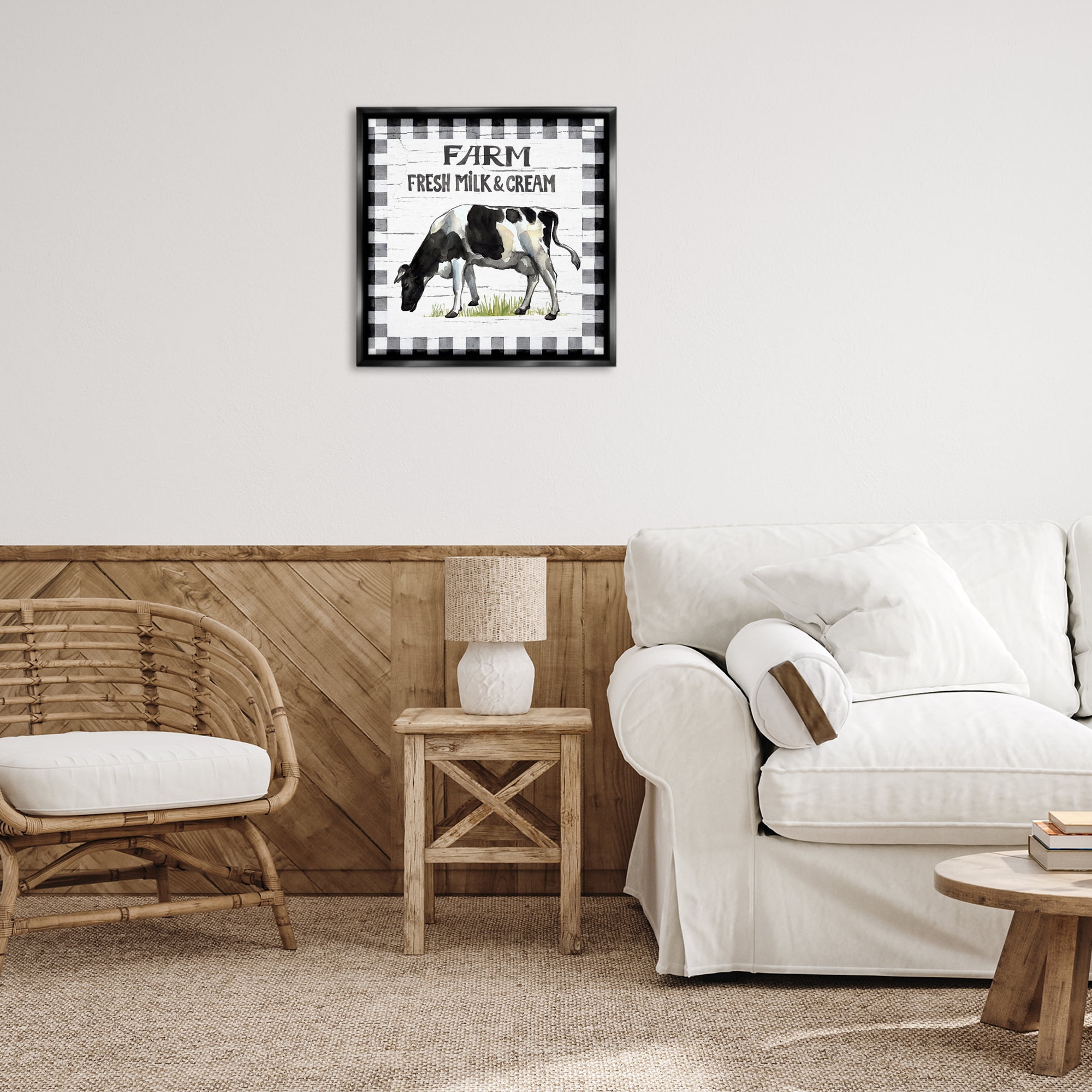 Stupell Industries Spring Cow with Border Animals Painting Black Floater Framed Canvas Art Print Wall Art, 25 x 25