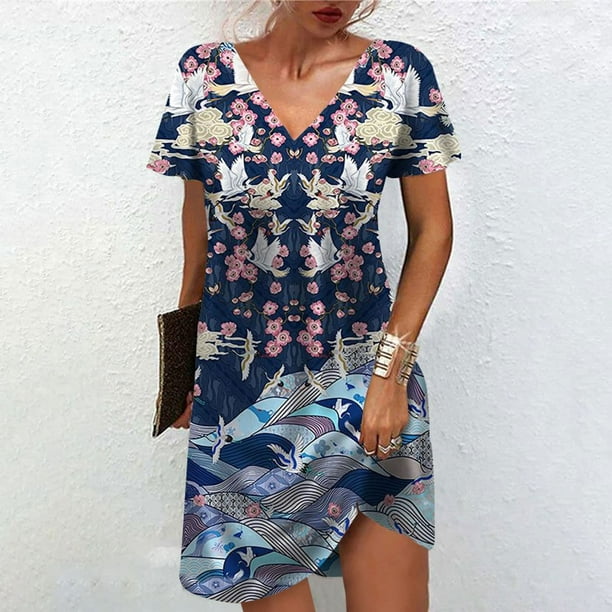 ☆Women Summer Floral V-Neck Midi Dress Holiday Beach Short Sleeve Swing  Sundress