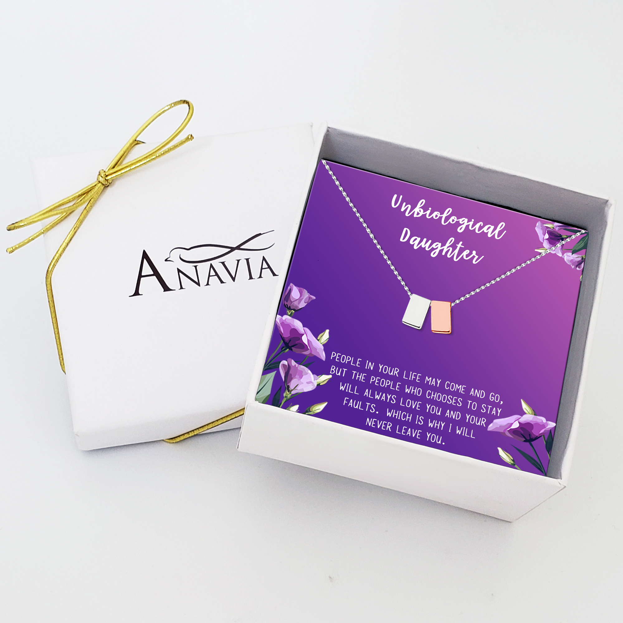 Anavia Unbiological Daughter Jewelry, Step Daughter Necklace Gift, Bonus Daughter Birthday Card Gift, Gift from Step Mom-[Silver and Rose Gold Double Cube, Royal Purple Gift Card]