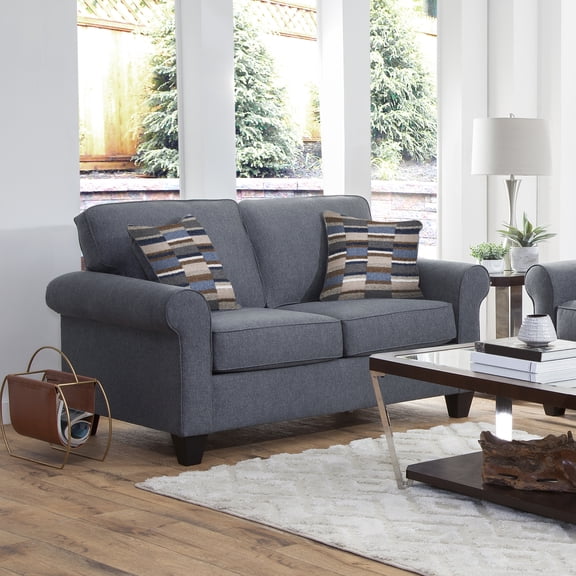 HomeStock African Artifacts Rectangular Linen Rolled Arm Loveseat with Two Pillows, Blue, 37"D x 60"W x 36"H, Reversible Seat Cushions,