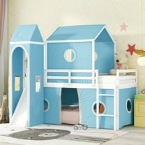 Twin Size House Loft Bed with Slide and Tent, Wood Twin Over Twin Floor Bunk Bed with Curtains & Tower, Loft Bed Playhouse Bed Frame for Boys and Girls(Blue)