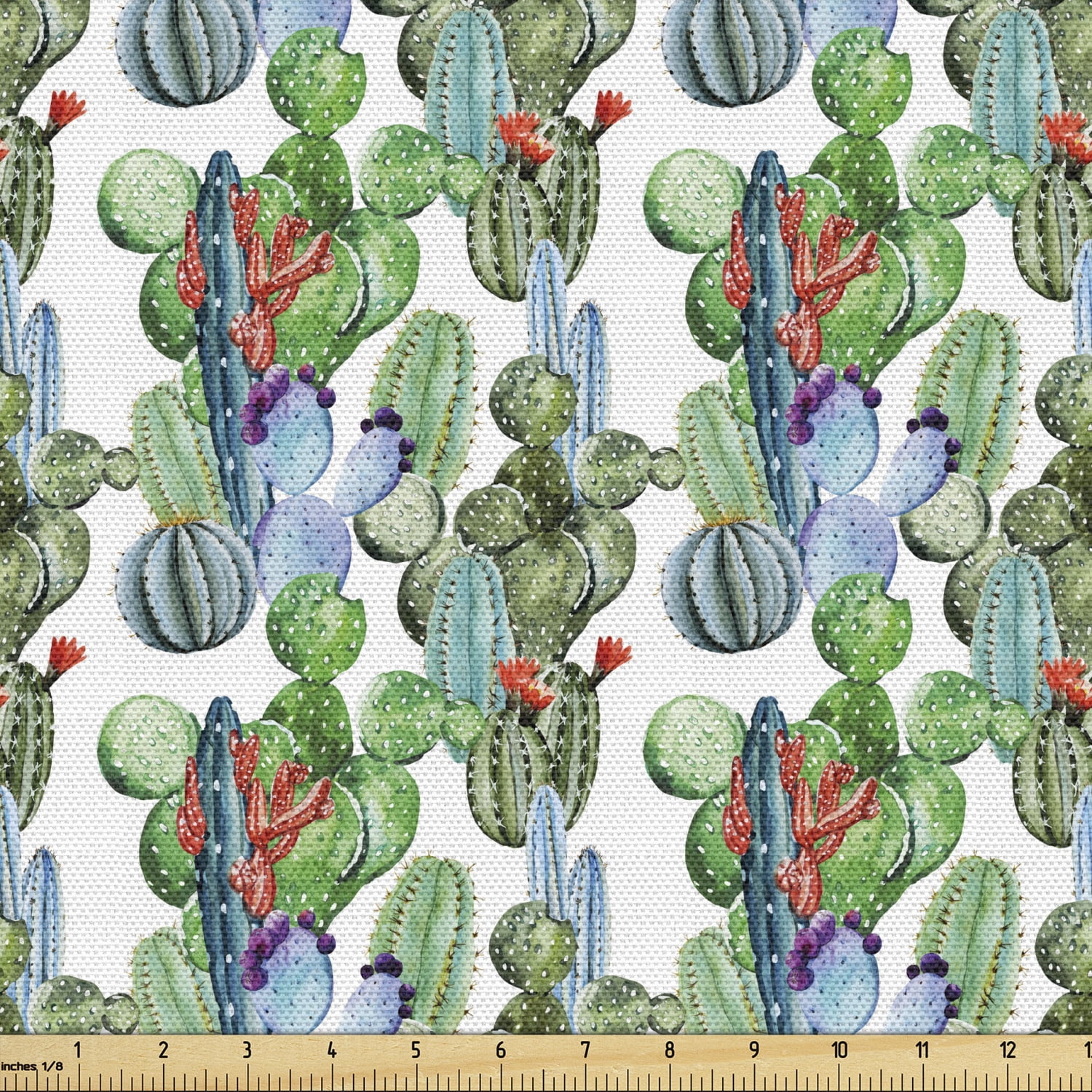 Cactus Fabric by the Yard, Different Cactus Types in Watercolors Style Display Spring Field