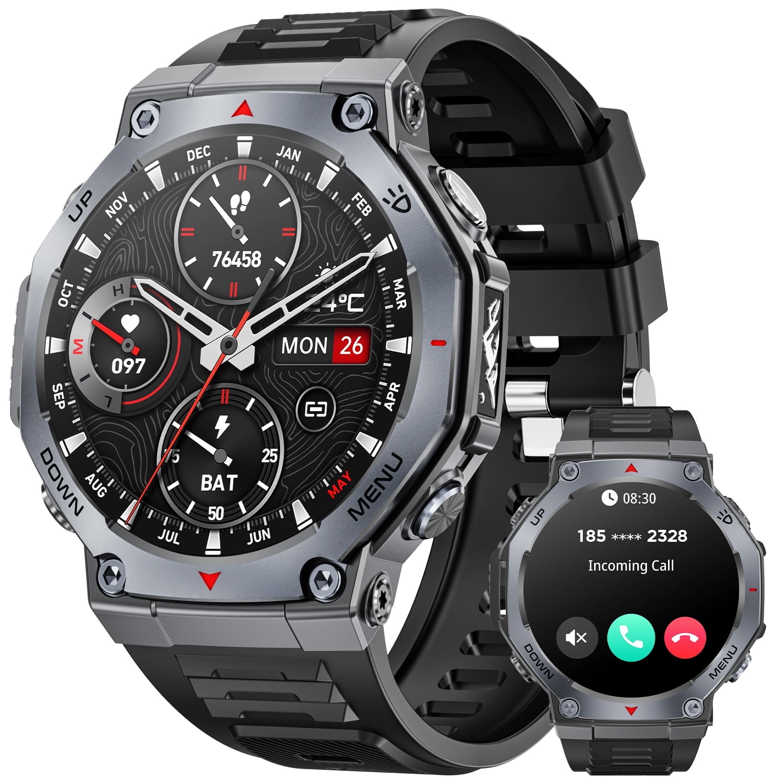 Haulvean Military Smart Watch for Men, 1.43-inch AMOLED Outdoor Sports Fitness Tracker Watch, with IP68 Waterproof/Answer/Make Calls/100+ Sports Modes, fits for Android and Iphone Devices (Black)