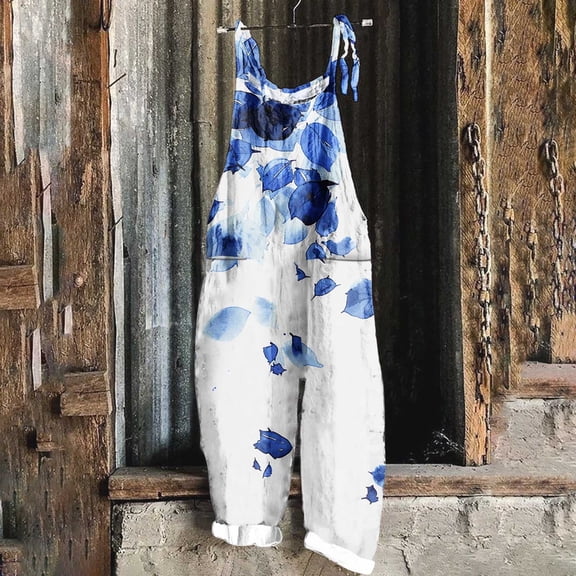 Women's Jumpsuit Floral Print Casual Loose Vintage Shoulder Strap Cotton Linen Spaghetti Strap Jumpsuits Blue L