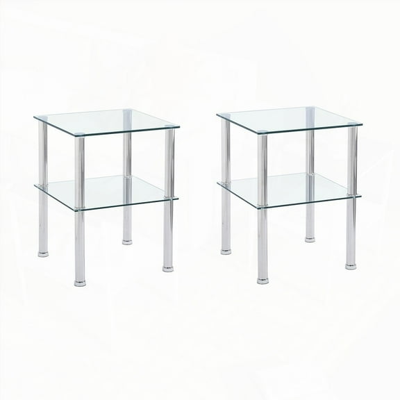 2-Piece Clear Side Table with Storage Shelf, 2-Tier Modern End Table for Living Room