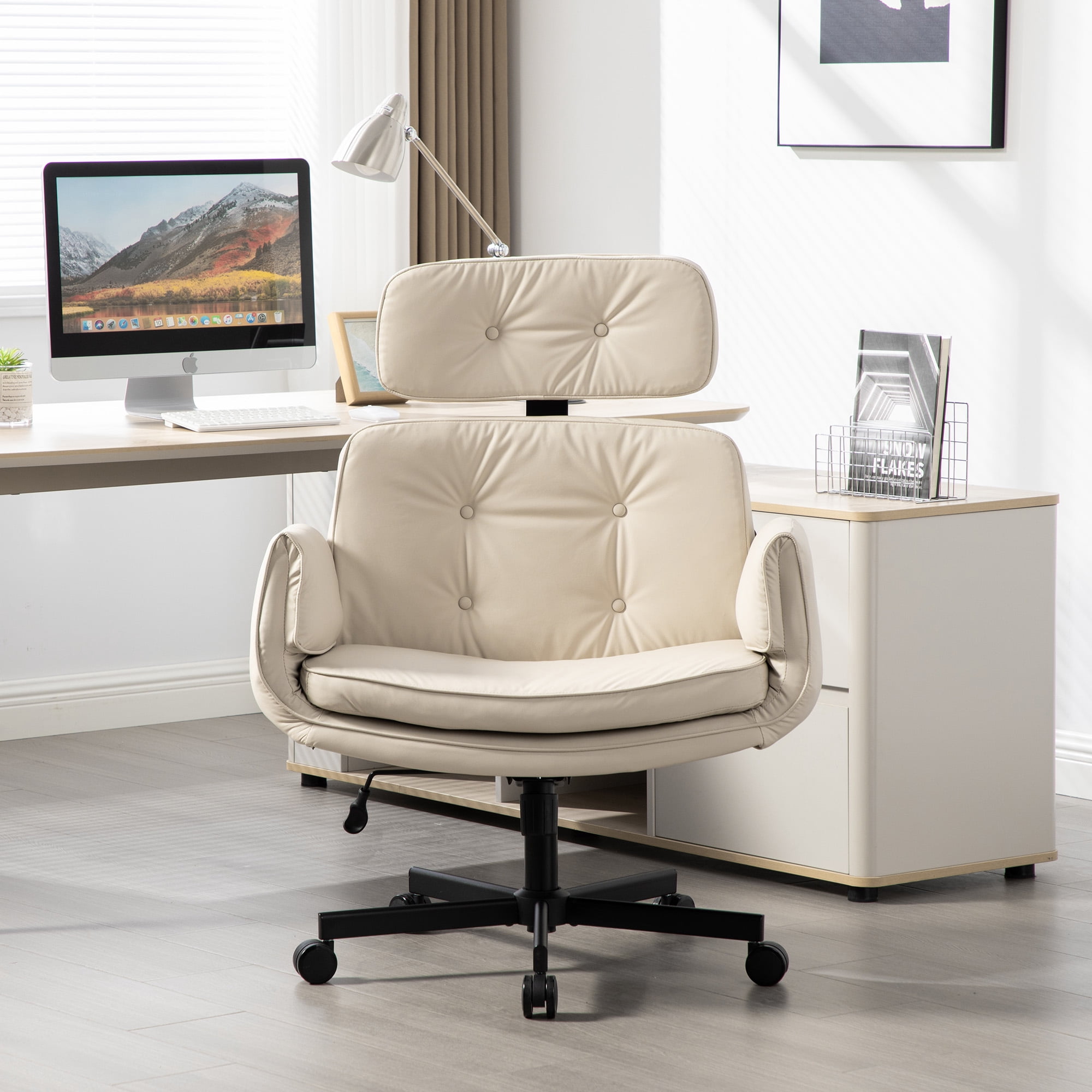 Mintazer Criss Cross Desk Chair with Armrests and Wheels, PU Leather Vanity Chair with Adjustable Swivel & Wide Seat, Office Chairs for Home Office, Make Up, Bedroom, Beige