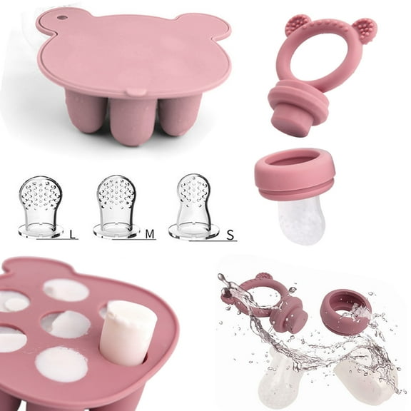 Silicone Baby Fruit Food Feeder Pacifier & Breastmilk Popsicle Freezer Molds, Baby Food Storage Containers Breast Milk Ice Cubes for Baby Teething & Infant Self Feeding, BPA Free (Pink)