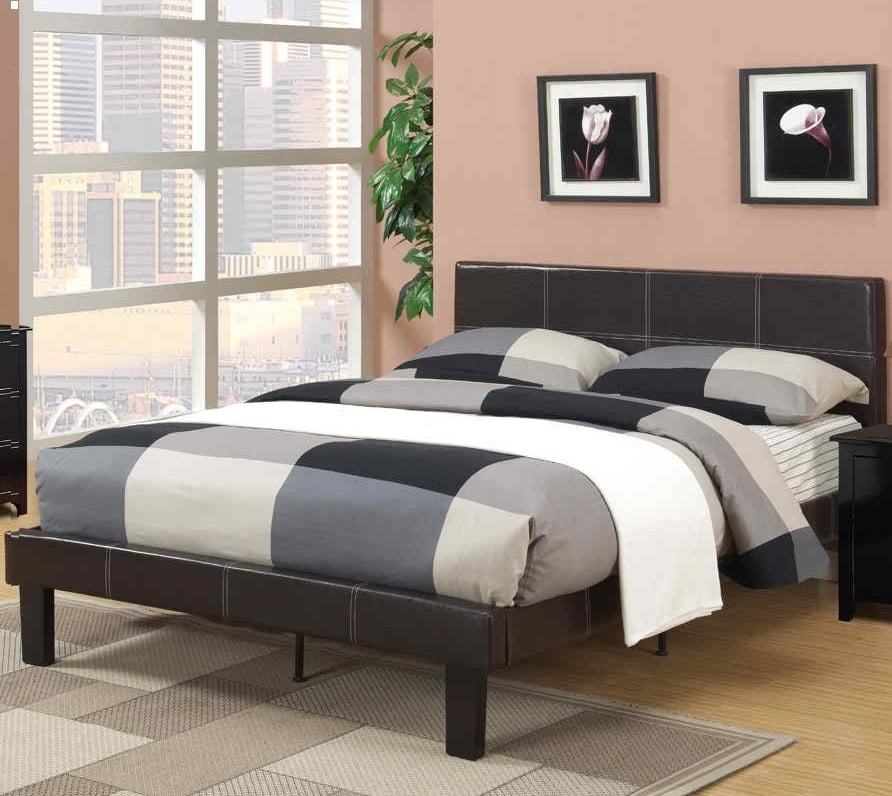 Modern Durable Espresso Faux Leather Wrapped Twin Full Queen Slats Platform Bed 