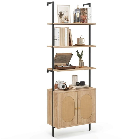 Costway 1 PCS Ladder Bookshelf with Rattan Cabinet 71" Tall Wall Mounted Bookcase Natural
