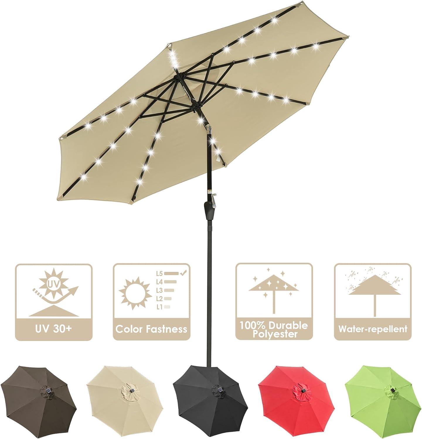 10ft Solar LED Outdoor Market Tilt Patio Umbrella, Beige