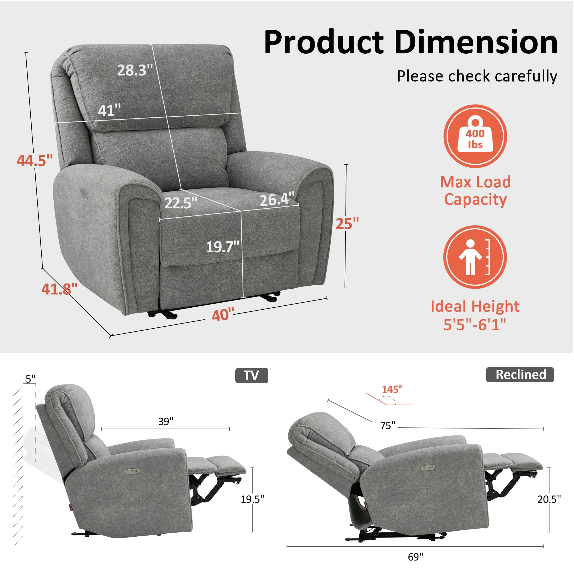 MCombo Oversized 400lbs Power Recliner Chair for Adults, Dark Grey