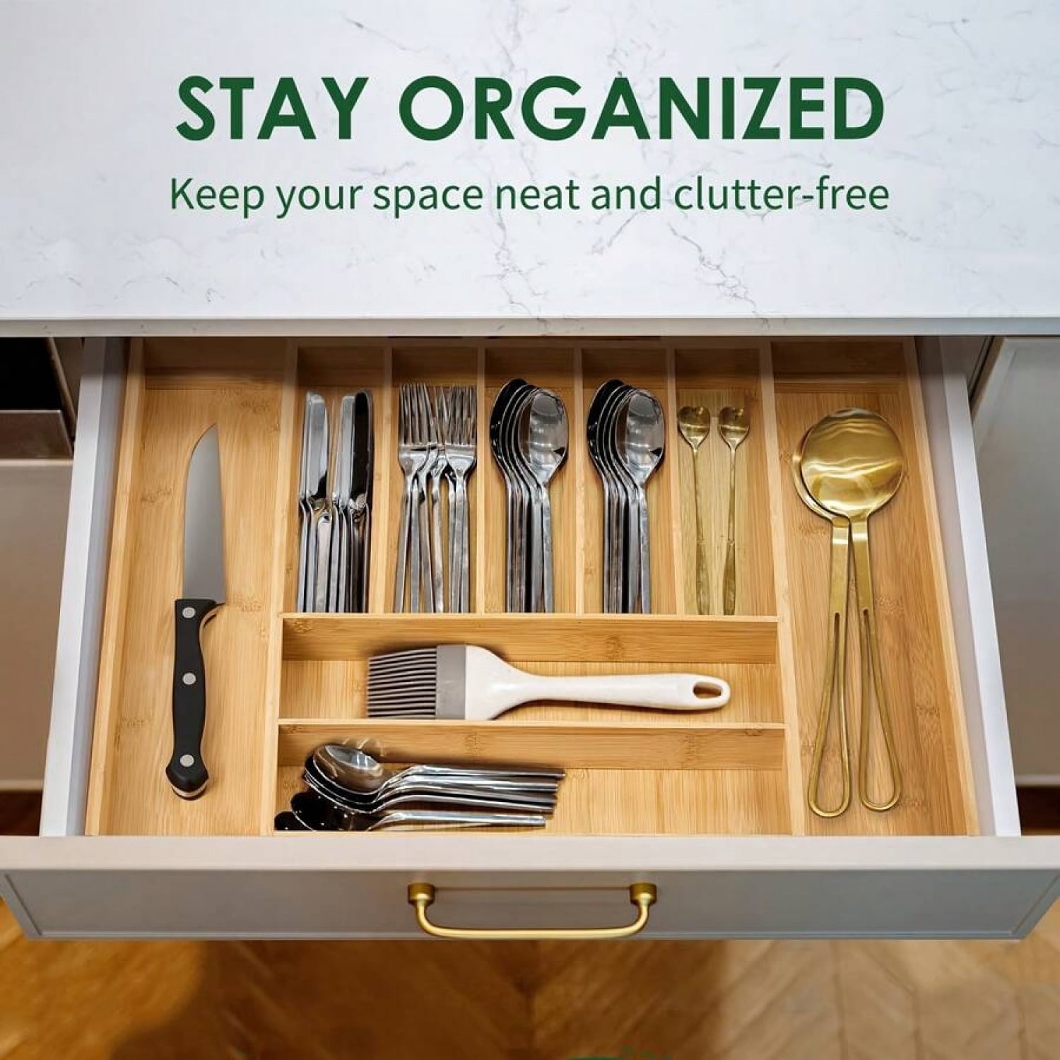 NTGFU Bamboo Expandable Drawer Organizer, 7-9 Slots Adjustable Kitchen Drawer Organizer for Large Cooking Utensils Cutlery, Kitchen Drawer Organization