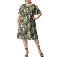 thumbnail image 2 of Unique Bargains Robe Élégante à Manches Courtes Motif Floral pour Femmes Grande Taille Jaune 3X, 2 of 5