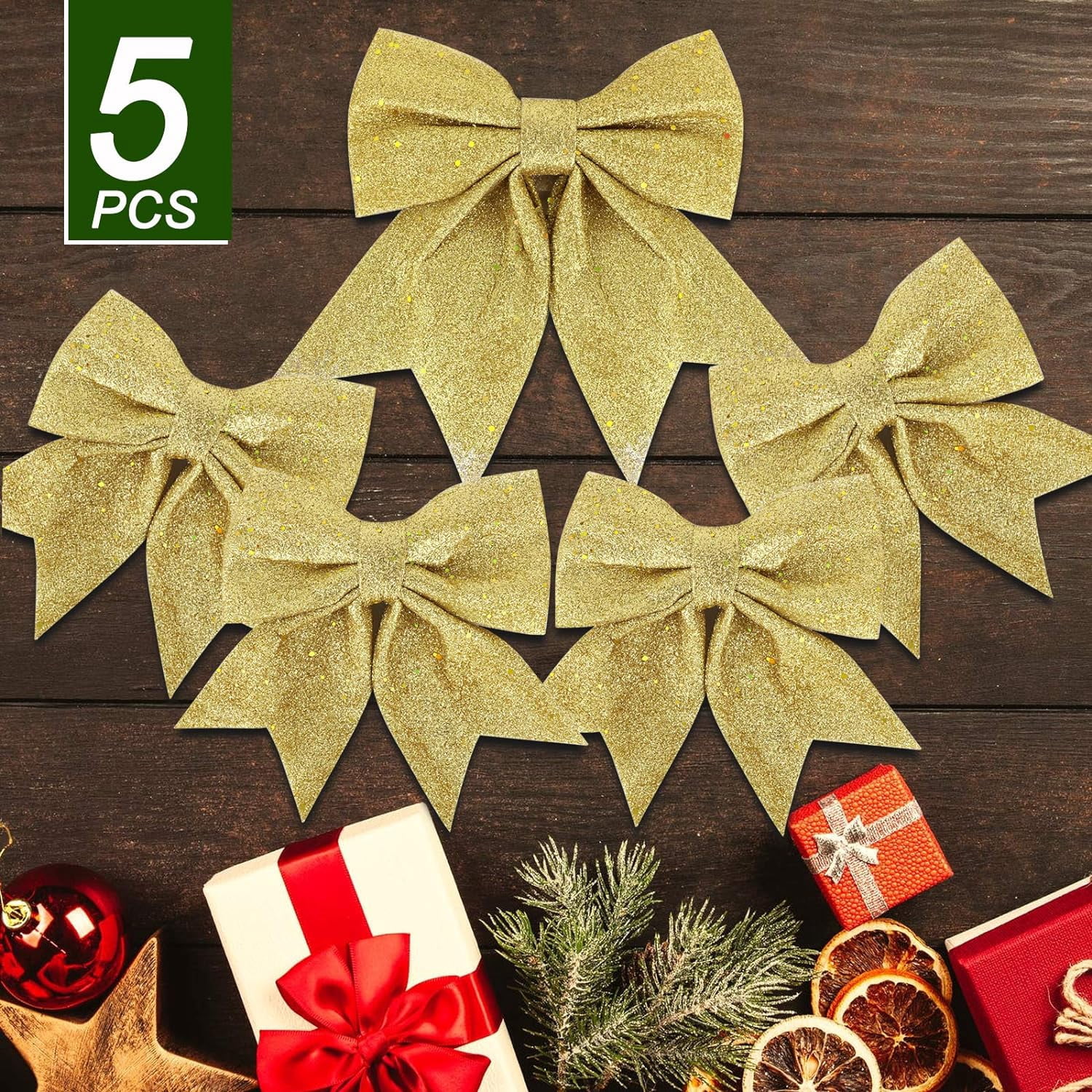 LINLIN Large Gold Glitter Bows for Christmas Tree Decoration- 5PCS Christmas Decorative Bows Christmas Tree Bow Christmas Bows Decorative Xmas Decor Wreath Ornament
