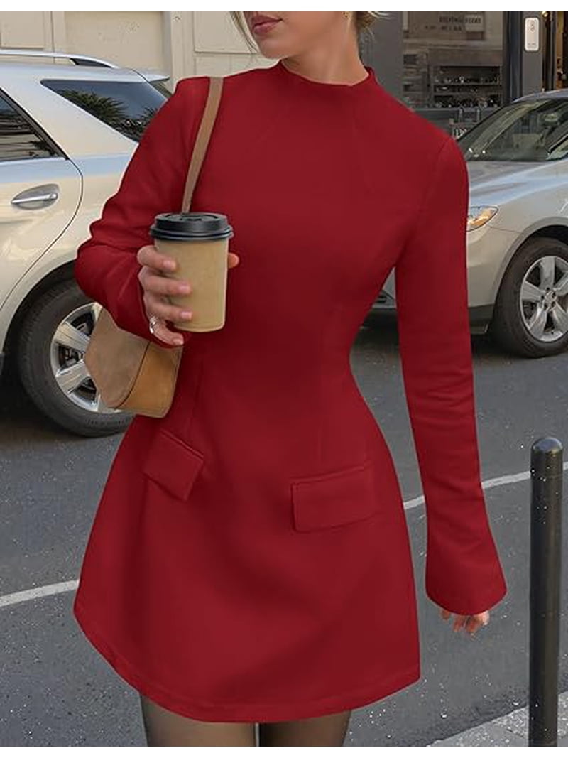 Prettygarden Women's Long Sleeve Mini Dress Fall Bodycon Mock Neck Elegant Short Cocktail Holiday Party Dresses, Size: 2XL, Red