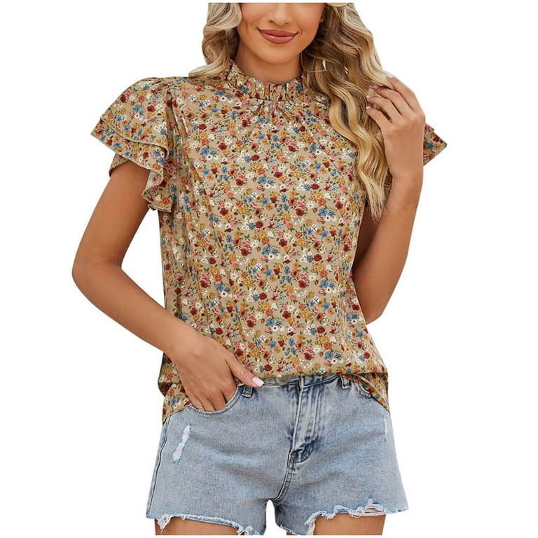 YYDGH Women's Ruffle Short Sleeve Floral Printed Blouse Mock Neck Tops Summer Casual T Shirt Khaki XXL