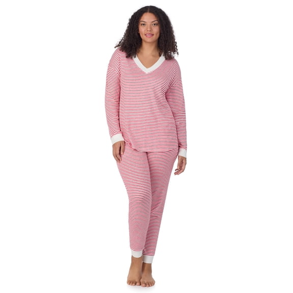 Aria Women’s Brushed Jersey V-Neck Long Sleeve and Jogger 2pc Sleepwear Set, Sizes XS-4X