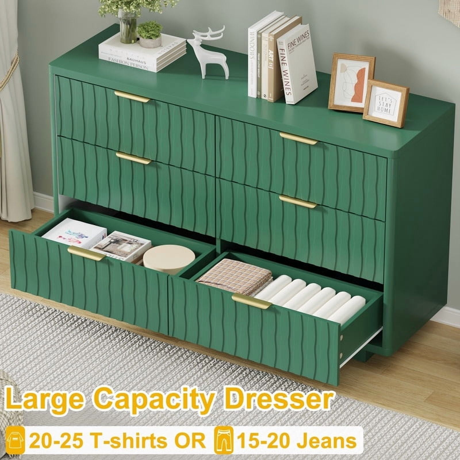 Fluted 6 Drawer Dresser for Bedroom, Wide Modern Chest of Drawers with Metal Handle, Curved Profile Design, Wood Closet Clothes Storage Organizer for Bedroom, Living Room, Hallway