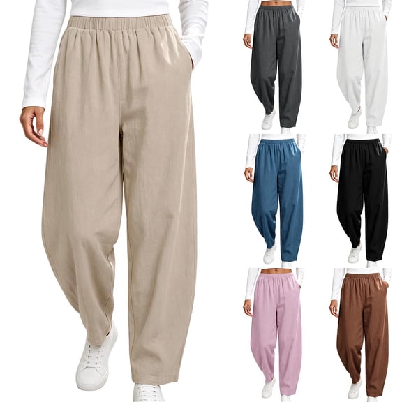 Women's Tapered Pants, Mid Rise Casual Pants with Elastic Waist & Side Pockets, Work Travel Running Outdoor Wear | VerBelle,Beige L